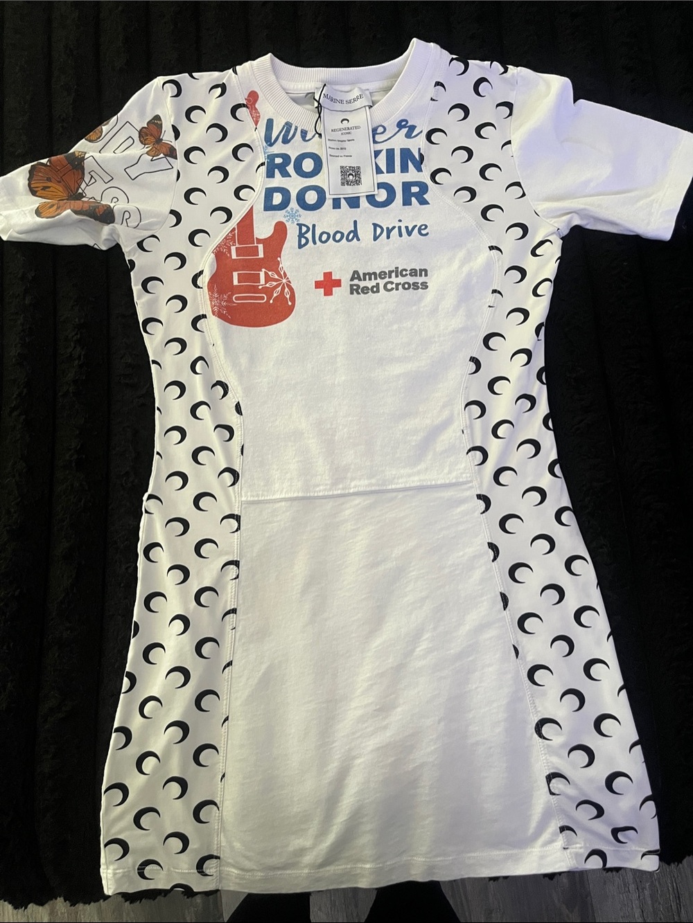 Marine Serre White Dress with Red Guitar and Black Crescent Motif